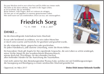 Traueranzeige von Friedrich Sorg von Giessener Allgemeine, Giessener Anzeiger, Wetterauer Zeitung