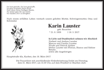 Traueranzeige von Karin Lauster von Wetterauer Zeitung, Wetterauer Zeitung