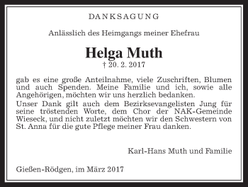Traueranzeige von Helga Muth von Giessener Allgemeine, Alsfelder Allgemeine