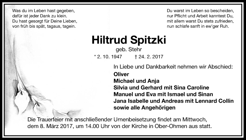  Traueranzeige für Hiltrud Spitzki vom 02.03.2017 aus Mücker Stimme