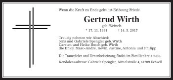 Traueranzeige von Gertrud Wirth von Wetterauer Zeitung, Wetterauer Zeitung