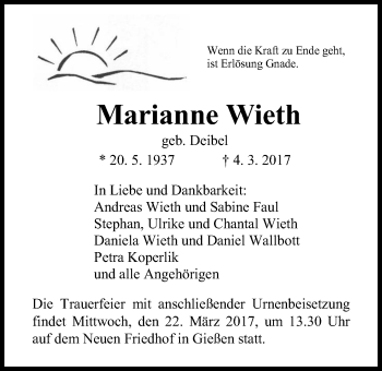 Traueranzeige von Marianne Wieth von Giessener Allgemeine, Alsfelder Allgemeine