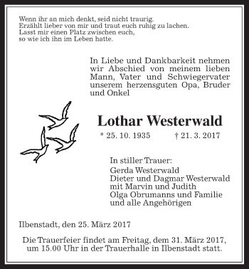 Traueranzeige von Lothar Westerwald von Wetterauer Zeitung, Wetterauer Zeitung