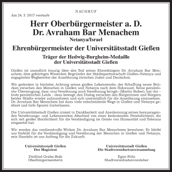 Traueranzeige von Avraham Bar  Menachem von Giessener Allgemeine, Alsfelder Allgemeine