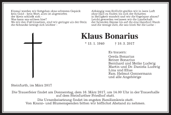Traueranzeige von Klaus Bonarius von Wetterauer Zeitung, Wetterauer Zeitung
