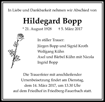 Traueranzeige von Hildegard Bopp von Wetterauer Zeitung, Wetterauer Zeitung