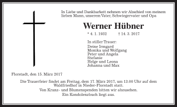Traueranzeige von Werner Hübner von Wetterauer Zeitung, Wetterauer Zeitung