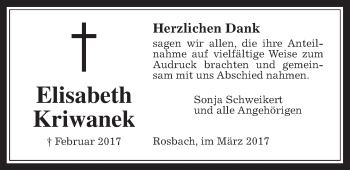 Traueranzeige von Elisabeth Kriwanek von Wetterauer Zeitung, Wetterauer Zeitung