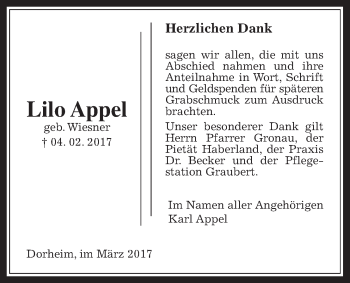 Traueranzeige von Lilo Appel von Wetterauer Zeitung, Wetterauer Zeitung