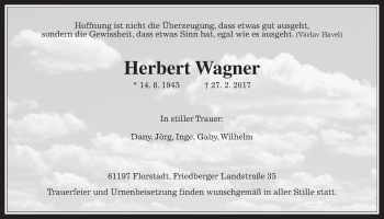 Traueranzeige von Herbert Wagner von Wetterauer Zeitung, Wetterauer Zeitung