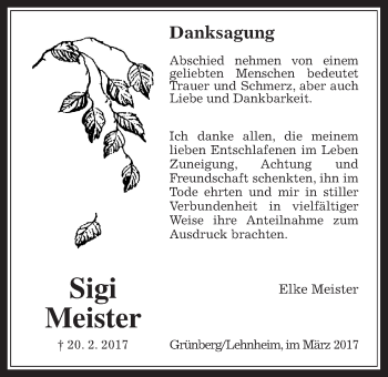 Traueranzeige von Sigi Meister von Giessener Allgemeine, Alsfelder Allgemeine