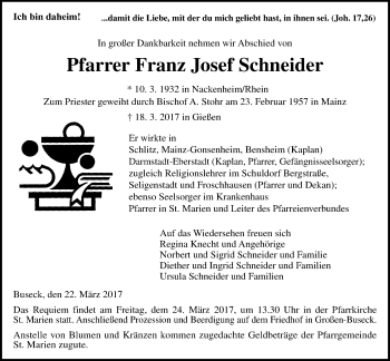 Traueranzeige von Franz Josef Schneider von Giessener Allgemeine, Alsfelder Allgemeine