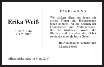 Traueranzeige von Erika Weiß von Allendorfer Mitteilungen