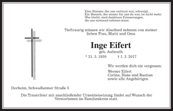 Traueranzeige von Inge Eifert von Wetterauer Zeitung, Wetterauer Zeitung