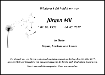 Traueranzeige von Jürgen Mil von Giessener Allgemeine, Alsfelder Allgemeine