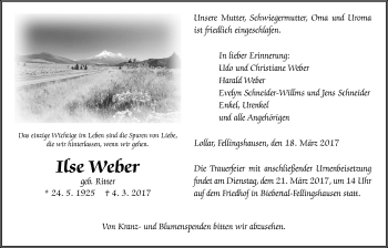 Traueranzeige von Ilse Weber von Giessener Allgemeine, Alsfelder Allgemeine