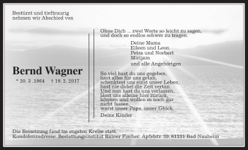Traueranzeige von Bernd Wagner von Wetterauer Zeitung, Wetterauer Zeitung