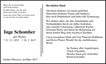 Traueranzeige von Inge Schomber von Giessener Allgemeine, Alsfelder Allgemeine