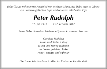 Traueranzeige von Peter Rudolph von Wetterauer Zeitung, Wetterauer Zeitung