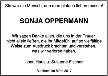 Traueranzeige von Sonja Oppermann von Wetterauer Zeitung, Wetterauer Zeitung