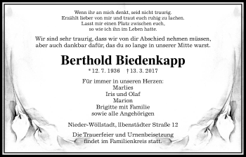 Traueranzeige von Berthold Biedenkapp von Wetterauer Zeitung, Wetterauer Zeitung
