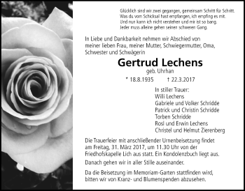 Traueranzeige von Gertrud Lechens von Licher Wochenblatt, Licher Wochenblatt, Licher Wochenblatt