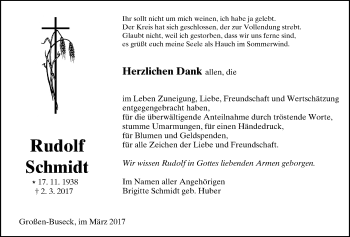 Traueranzeige von Rudolf Schmidt von Giessener Allgemeine, Alsfelder Allgemeine