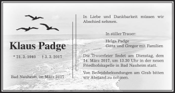 Traueranzeige von Klaus Padge von Wetterauer Zeitung, Wetterauer Zeitung