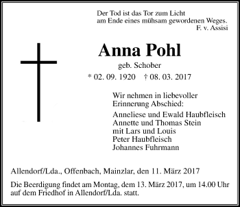 Traueranzeige von Anna Pohl von Giessener Allgemeine, Alsfelder Allgemeine