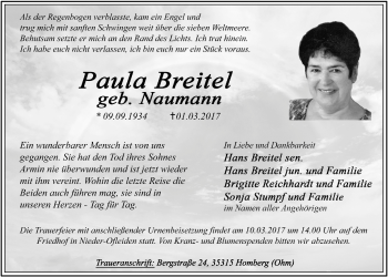 Traueranzeige von Paula Breitel von Alsfelder Allgemeine