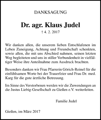 Traueranzeige von Klaus Judel von Giessener Allgemeine, Alsfelder Allgemeine