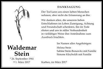 Traueranzeige von Waldemar Stein von Wetterauer Zeitung, Wetterauer Zeitung