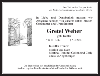 Traueranzeige von Gretel Weber von Giessener Allgemeine, Alsfelder Allgemeine, Wetterauer Zeitung, Wetterauer Zeitung
