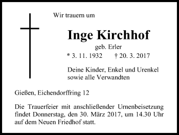 Traueranzeige von Inge Kirchhof von Giessener Allgemeine, Alsfelder Allgemeine