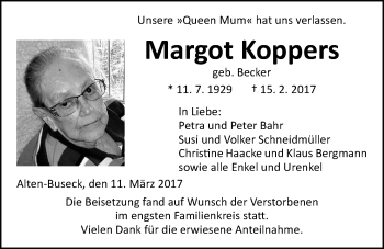 Traueranzeige von Margot Koppers von Giessener Allgemeine, Alsfelder Allgemeine