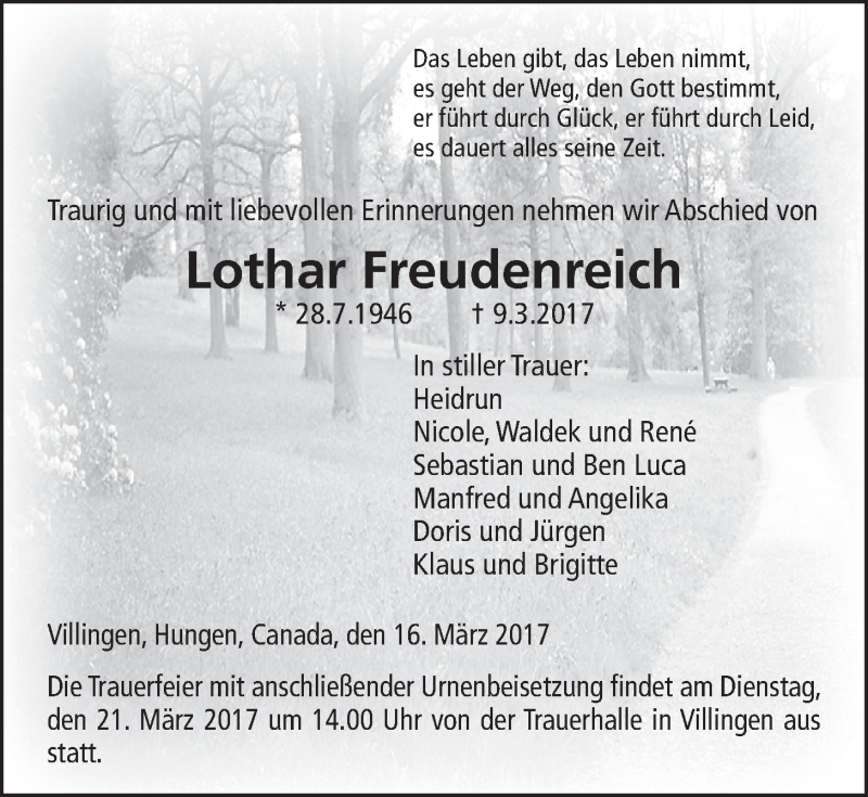  Traueranzeige für Lothar Freudenreich vom 16.03.2017 aus Licher Wochenblatt, Licher Wochenblatt, Licher Wochenblatt