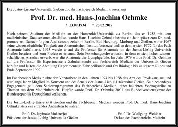 Traueranzeige von Hans-Joachim Oehmke von Giessener Allgemeine, Alsfelder Allgemeine