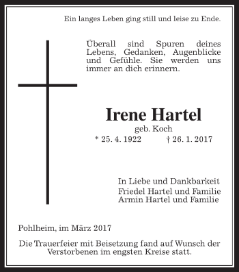 Traueranzeige von Irene Hartel von Pohlheimer Nachrichten
