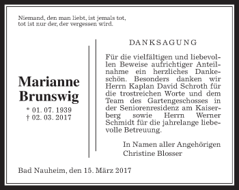 Traueranzeige von Marinne Brunswig von Wetterauer Zeitung, Wetterauer Zeitung