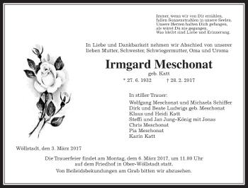 Traueranzeige von Irmgard Meschonat von Wetterauer Zeitung, Wetterauer Zeitung