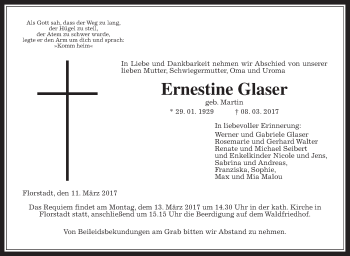 Traueranzeige von Ernestine Glaser von Wetterauer Zeitung, Wetterauer Zeitung