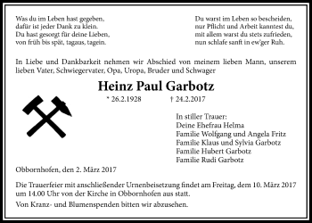 Traueranzeige von Heinz Paul Garbotz von Licher Wochenblatt, Licher Wochenblatt, Licher Wochenblatt