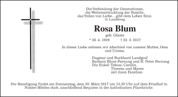 Traueranzeige von Rosa Blum von Wetterauer Zeitung, Wetterauer Zeitung