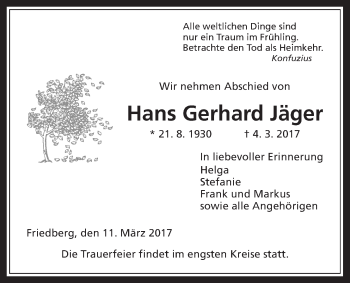 Traueranzeige von Hans Gerhard Jäger von Wetterauer Zeitung, Wetterauer Zeitung
