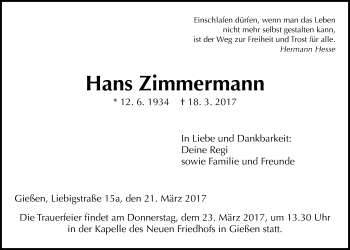 Traueranzeige von Hans Zimmermann von Giessener Allgemeine, Alsfelder Allgemeine