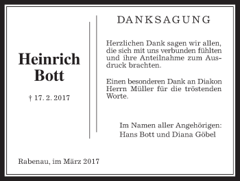 Traueranzeige von Heinrich Bott von Rabenauer Zeitung