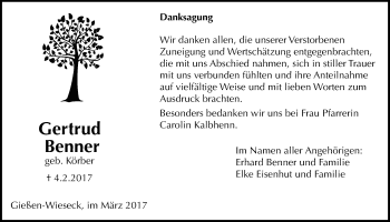 Traueranzeige von Gertrud Benner von Giessener Allgemeine, Alsfelder Allgemeine