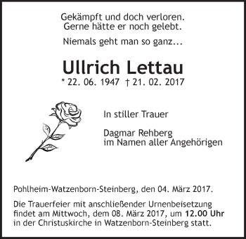 Traueranzeige von Ullrich Lettau von Giessener Allgemeine, Alsfelder Allgemeine