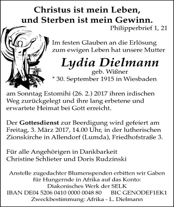 Traueranzeige von Lydia Dielmann von Giessener Allgemeine, Alsfelder Allgemeine