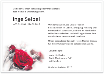 Traueranzeige von Inge Seipel von Giessener Allgemeine, Alsfelder Allgemeine